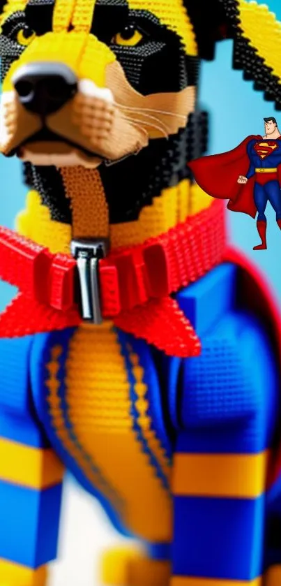 Colorful Lego dog with superhero, vibrant background.