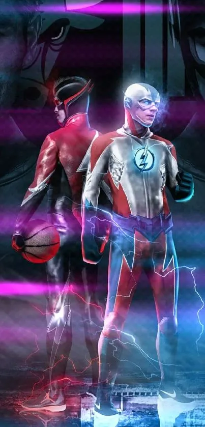 Two superheroes in lightning-themed costumes standing back to back.