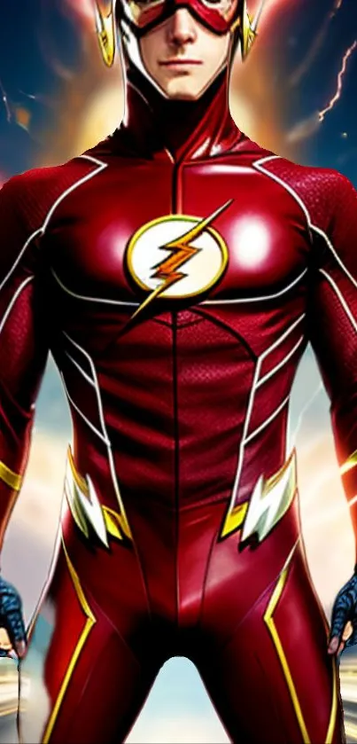 Superhero in red suit with lightning and dynamic effects.