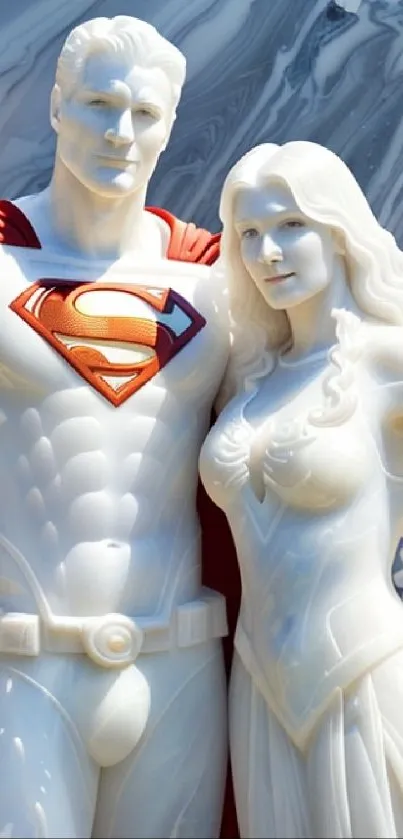 Superhero marble couple statue wallpaper with elegant design.