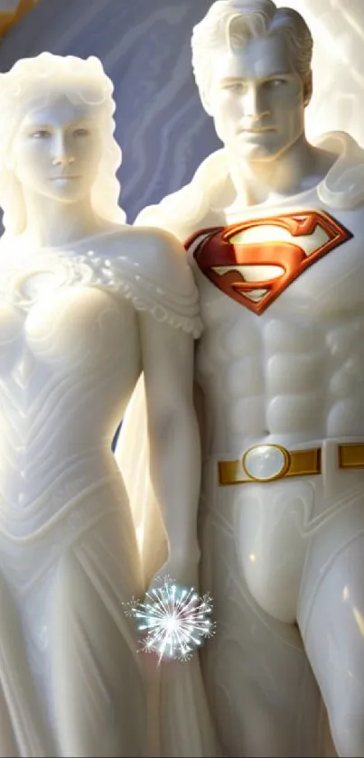 Marble sculptures of superhero figures with intricate details and dynamic pose.