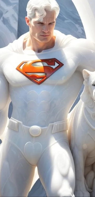 White marble superhero sculpture with dog.