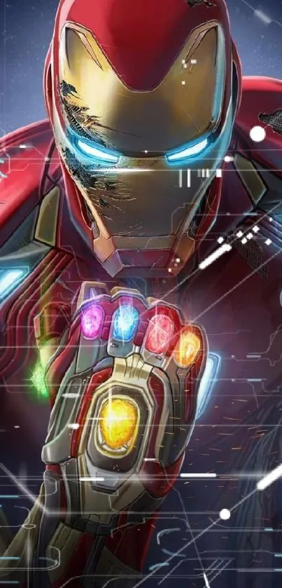 Superhero in metallic armor with glowing stones on glove.