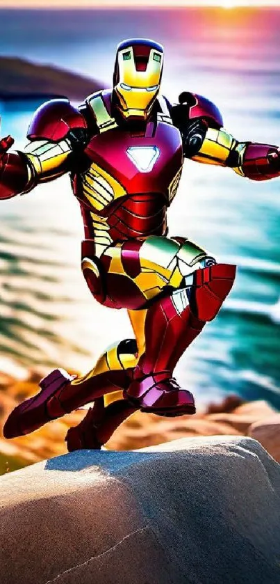 Superhero posing on a coastal cliff at sunset with vibrant colors.