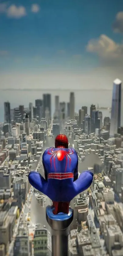 Superhero perched above city skyline in dynamic wallpaper.