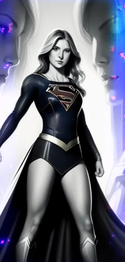 Female superhero in a dark suit with glowing accents.