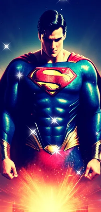 Superhero with red cape and blue costume mobile wallpaper.