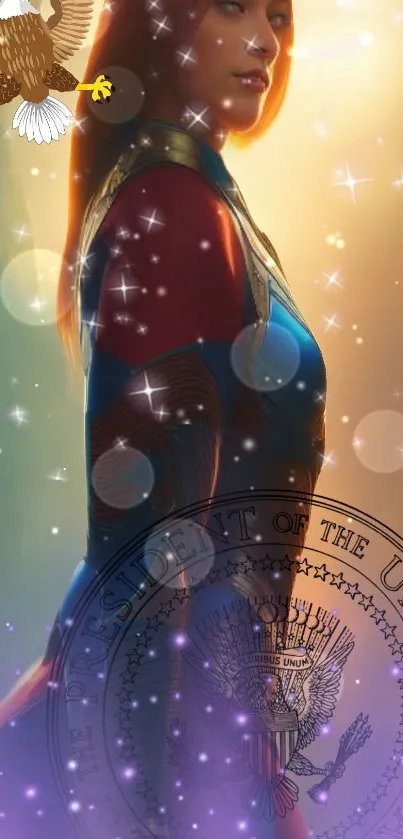 Mobile wallpaper featuring a female superhero with a presidential theme.