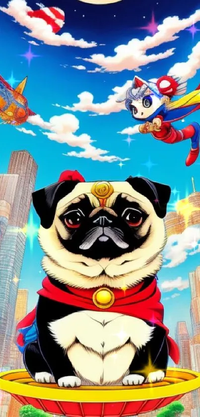 Superhero pug flying over colorful cartoon cityscape wallpaper.