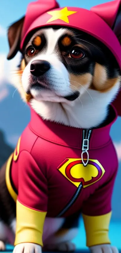 Corgi puppy in superhero costume with scenic blue background.