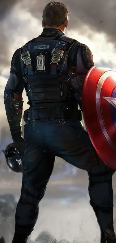 Superhero standing with iconic shield in epic pose.