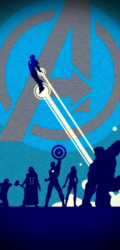 Silhouetted superheroes on a blue background.