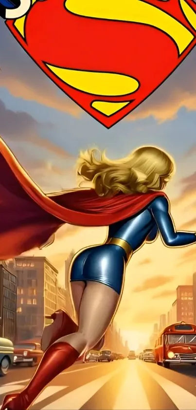 Superhero flies over city at sunset with cape flowing in the wind.