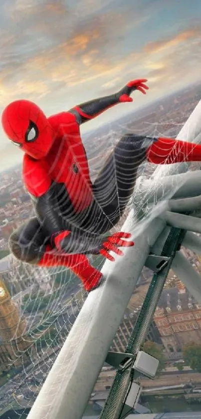 Superhero in red suit atop city skyline at sunset.