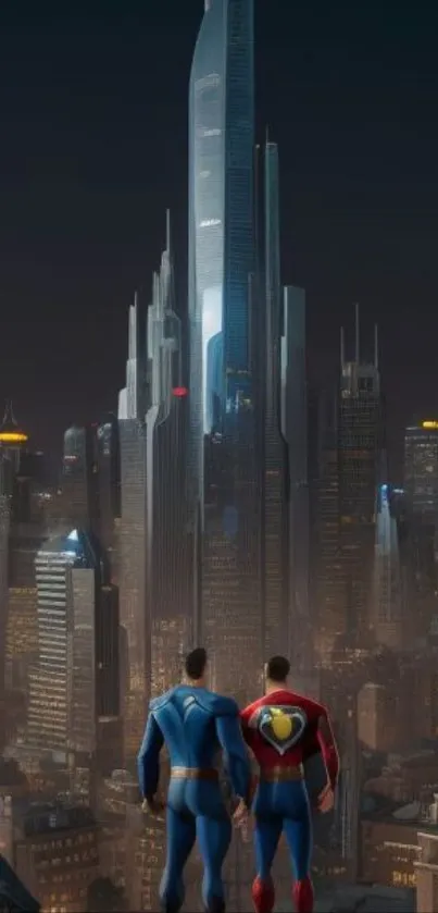 Two superheroes overlook a vast city at night.