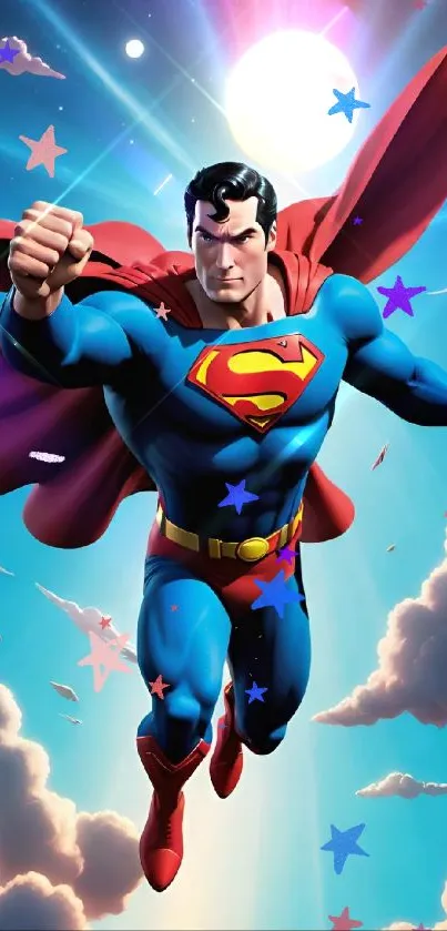 Superhero flying against a starry sky with clouds and full moon.