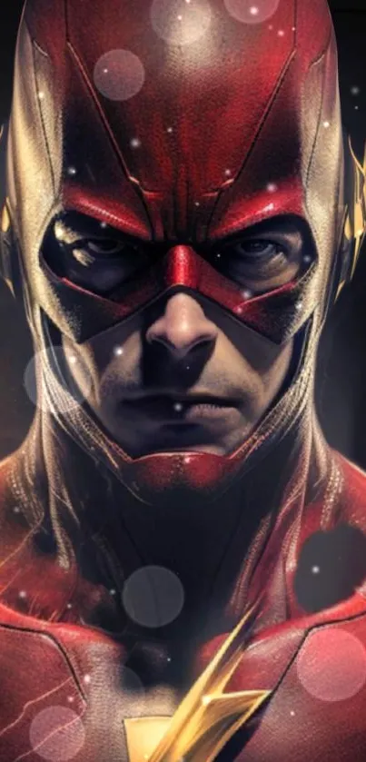 Dynamic superhero in red suit with gold accents wallpaper.