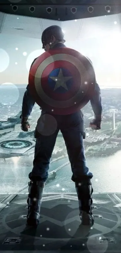 Epic superhero with shield overlooking city from aircraft.