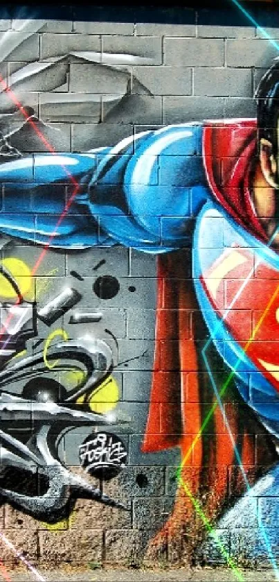 Vivid superhero street art with dynamic action and colorful graffiti on a wall.