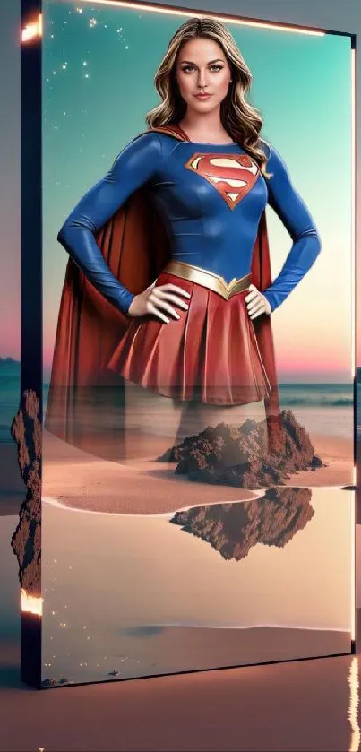 Superhero standing in cape against sunset beach backdrop on phone wallpaper.