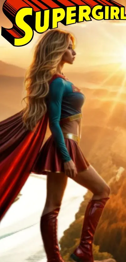 Superhero standing against a vibrant sunset with a flowing cape.