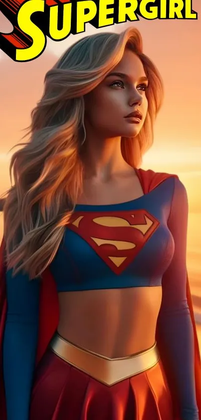 Supergirl standing on beach at sunset.