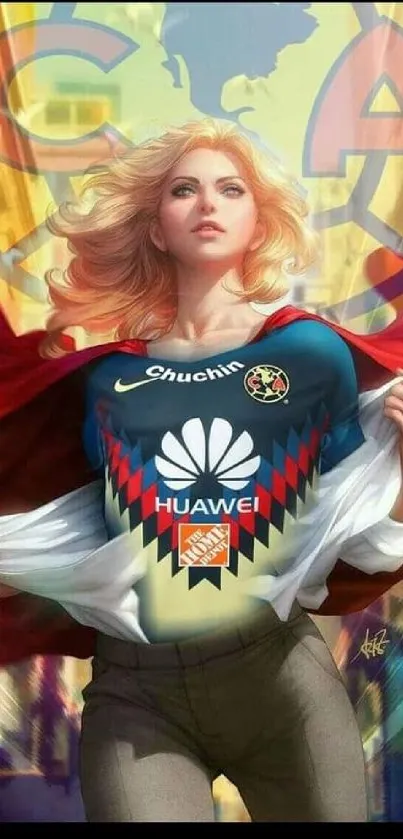 Vibrant superhero-themed wallpaper with red cape and female hero.