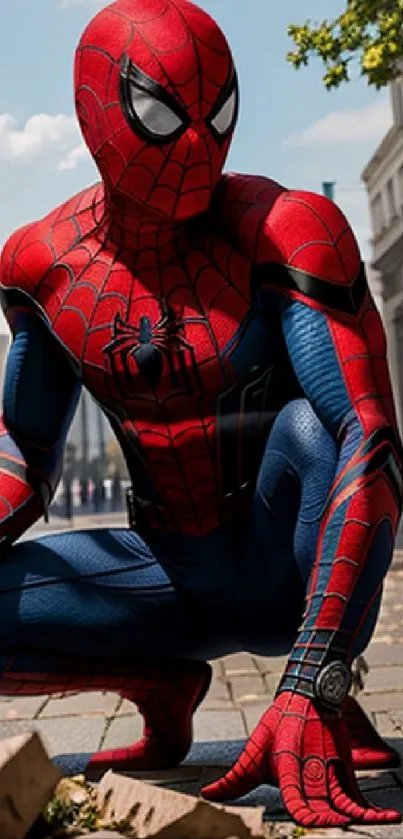 Superhero in red and blue suit crouching in urban setting.