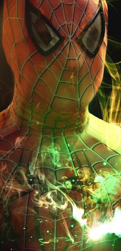 Superhero with vibrant green smoke effect mobile wallpaper.