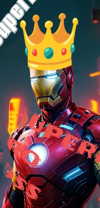 Superhero in armor with a golden crown and glowing lights.