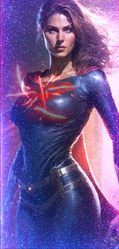 Superhero woman in blue suit with red cape, striking powerful pose.