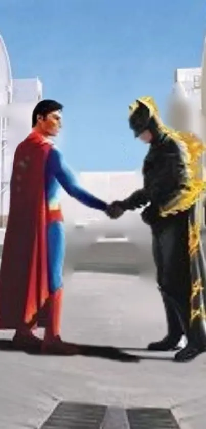 Superheroes shaking hands in an alley.