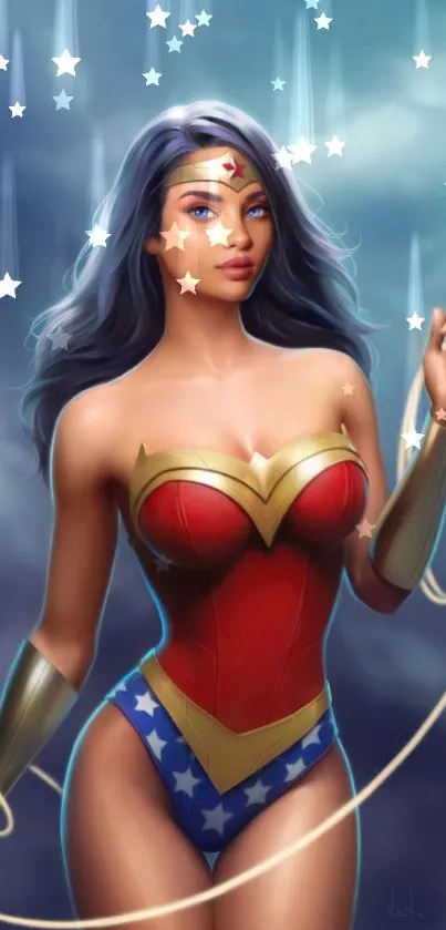 Vibrant artwork of a powerful superheroine in a dynamic pose on a mobile wallpaper.