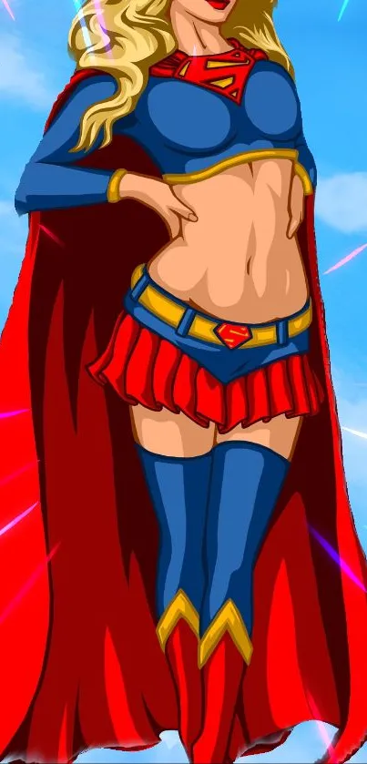 Superheroine cartoon in vibrant costume with red cape and blue outfit.