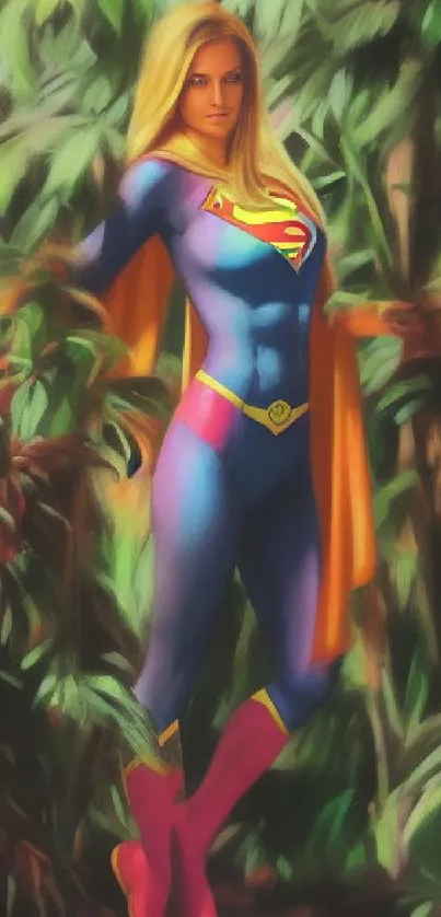 Superheroine in colorful costume amidst jungle setting.