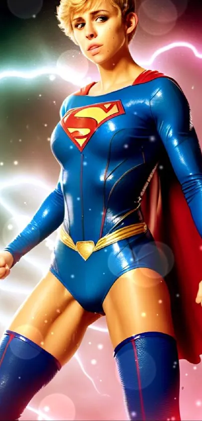 Vibrant superheroine in blue and red costume with glowing effects.