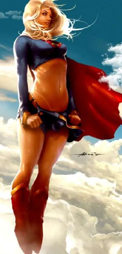 A superheroine flies through a cloudy sky, showcasing vibrant colors and dynamic action.