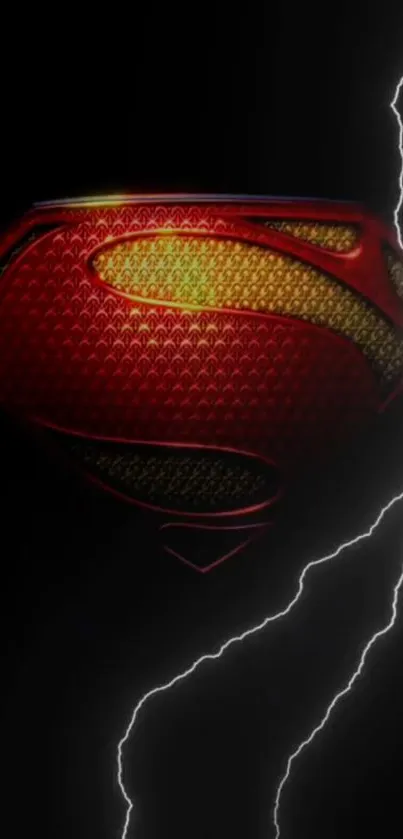 Superman logo with lightning on dark wallpaper.