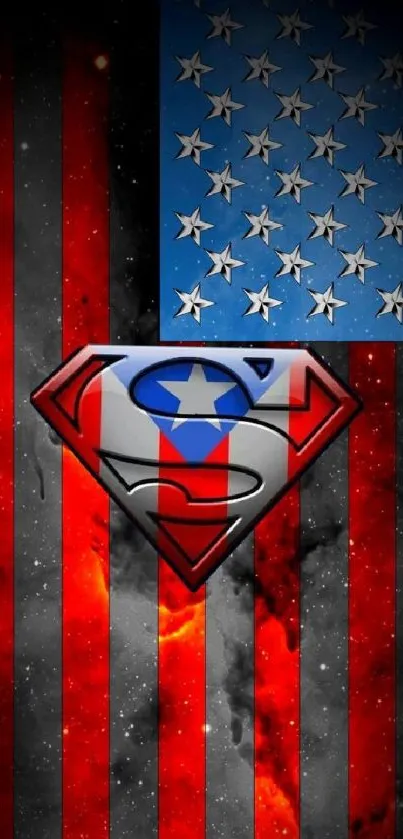 Superman logo with American flag stars and stripes in vibrant colors.