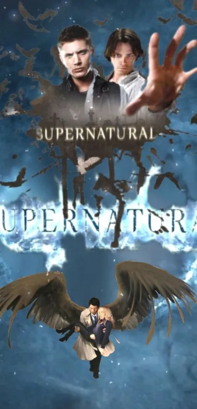 Supernatural themed wallpaper with angels and dark fantasy elements.