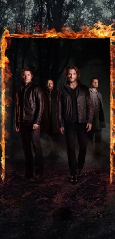 Supernatural themed wallpaper with a fiery forest scene and four figures.