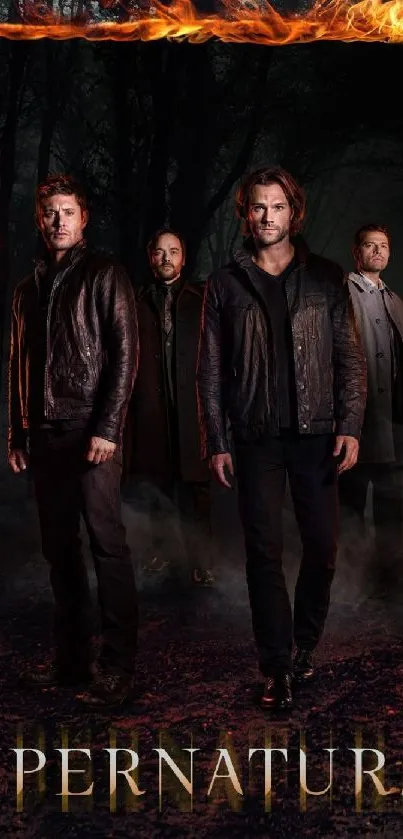 Supernatural cast in fiery forest setting with burning frame.