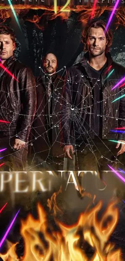 Supernatural themed wallpaper with characters and fiery details.