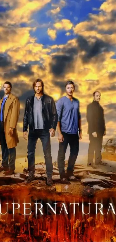 Supernatural cast with dramatic orange sky wallpaper.