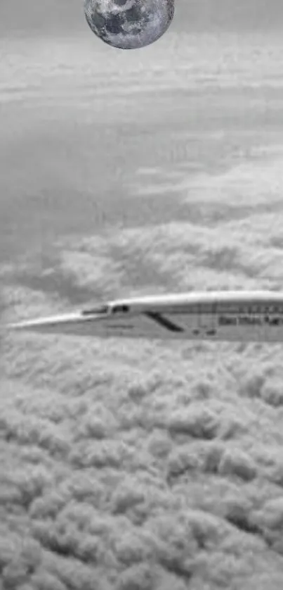 Supersonic jet flying above clouds with the moon visible in the sky.