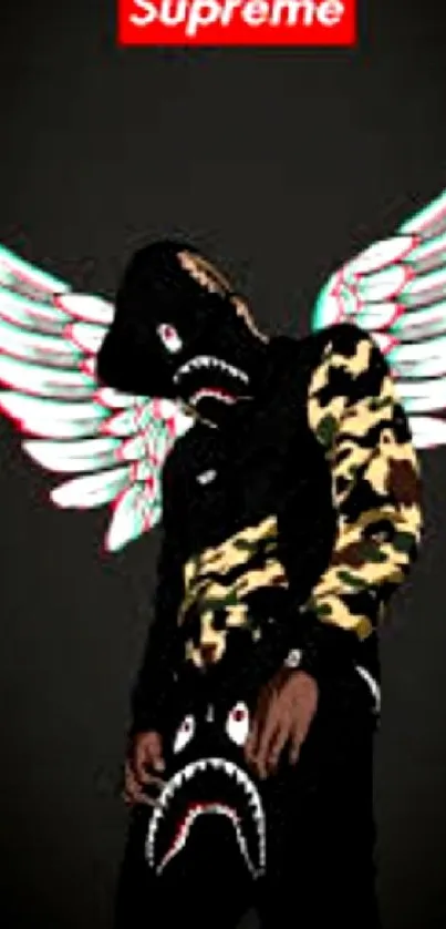 Supreme street art wallpaper with angel wings and dark background.