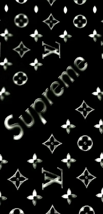 Supreme black patterned phone wallpaper with iconic symbols.