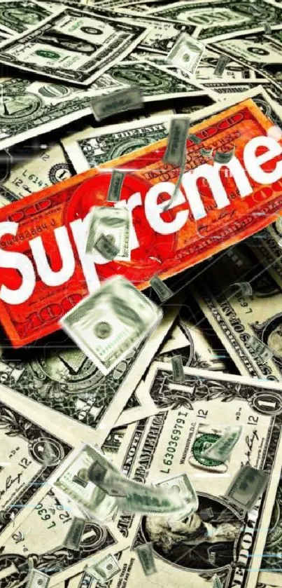 Red Supreme logo on dollar bills wallpaper.