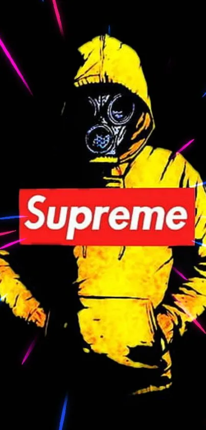 Yellow hooded figure with Supreme logo in neon lights on a black background.