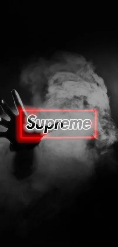 Supreme neon hand with smoky background in dark theme.